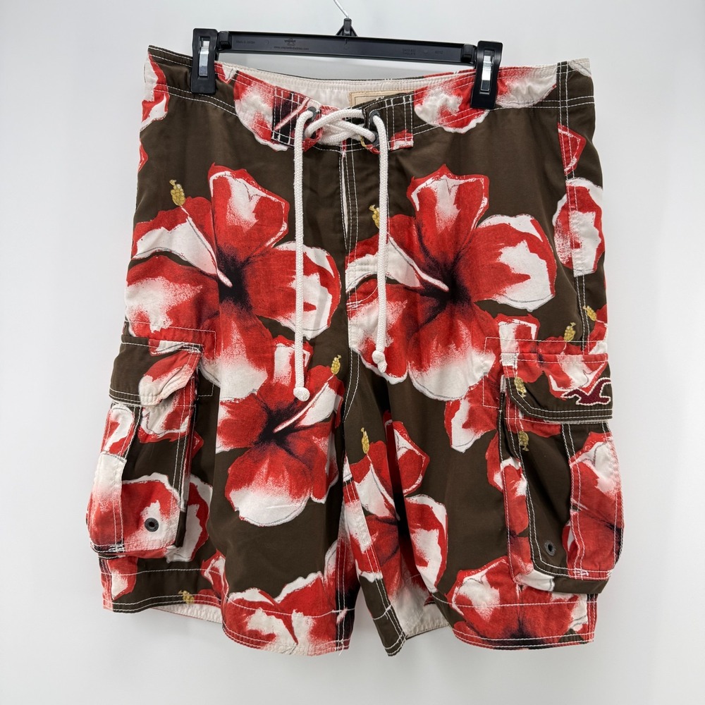 Hollister Swim Trunks Men Medium Cargo Pocket Polyester Brown Floral Hibiscus